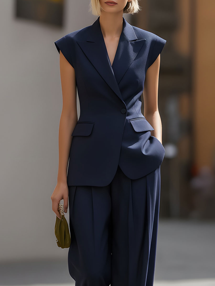 Mooyius Presents The Sleek Navy Sleeveless Blazer & Wide-Leg Trouser Set