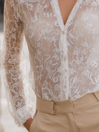 Sheer Lace Long-Sleeve Blouse With Delicate Trim