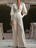 White Lace-Trimmed Jumpsuit With Puff Sleeves