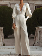 White Lace-Trimmed Jumpsuit With Puff Sleeves