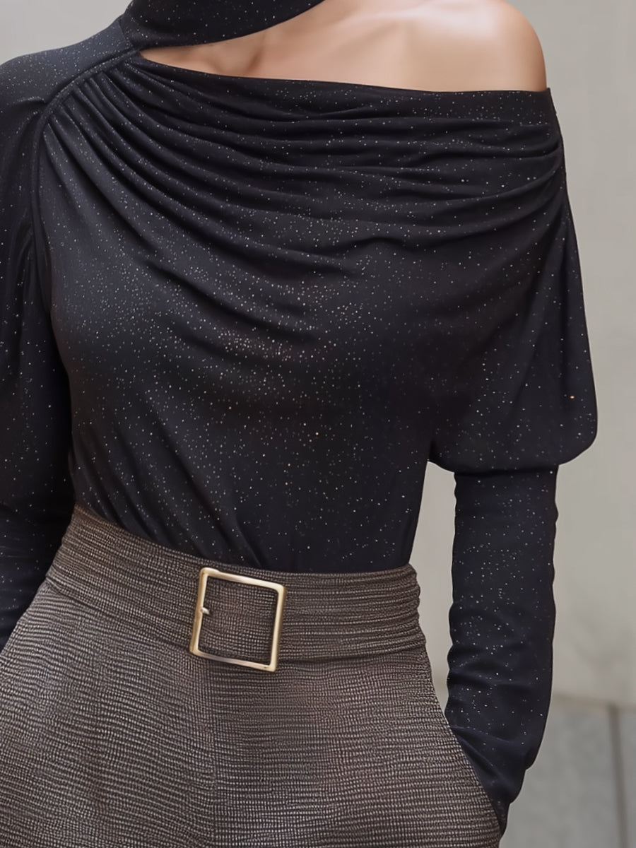 Asymmetric High-Neck One-Shoulder Sparkle Knit Top
