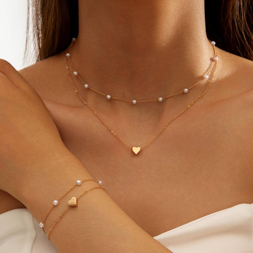 Indira | Modern Minimalist Heart & Pearl Necklace + Bracelet Set