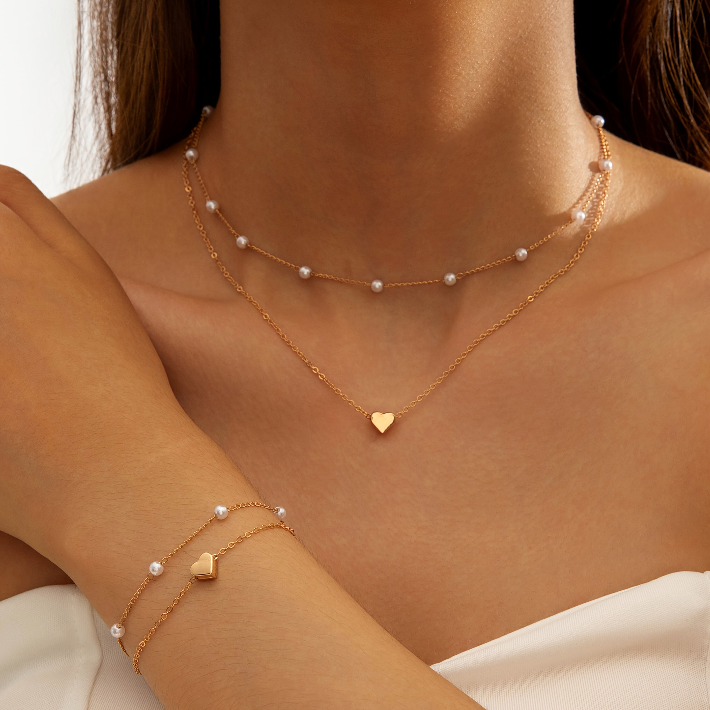 Indira | Modern Minimalist Heart & Pearl Necklace + Bracelet Set