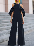 Cold-Shoulder Ruffled Wide-Leg Jumpsuit