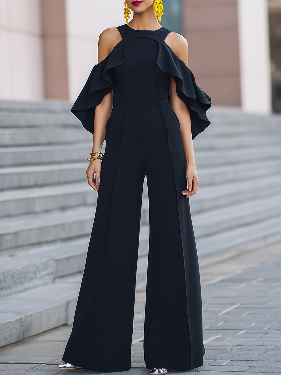 Cold-Shoulder Ruffled Wide-Leg Jumpsuit