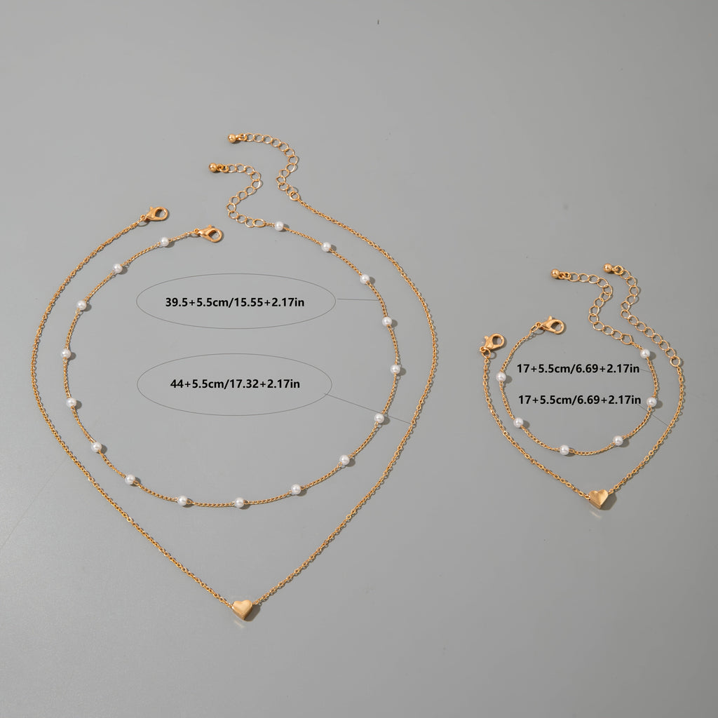 Indira | Modern Minimalist Heart & Pearl Necklace + Bracelet Set