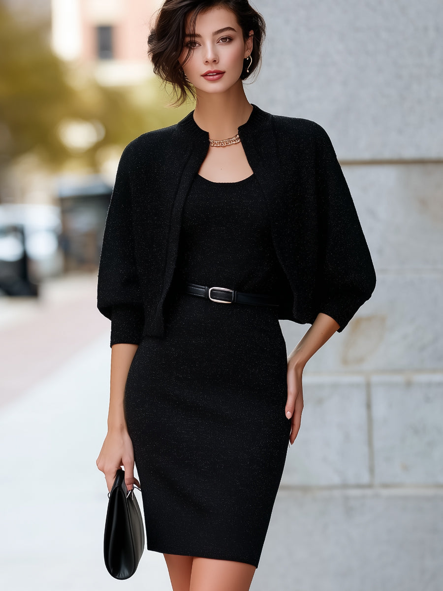 Knit Cardigan And Belted Sleeveless Bodycon Dress Two-Piece Set