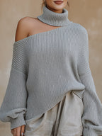 Symmetric Off-Shoulder Turtleneck Knit Sweater