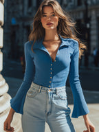 Flared-Sleeve Ribbed Button-Front Knit Top