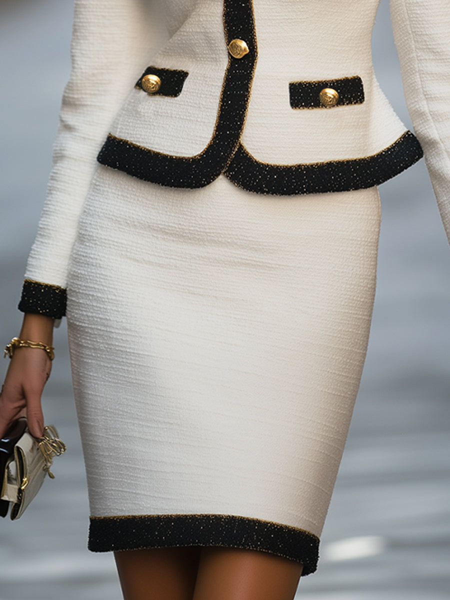 Vintage-Inspired Tweed Contrast-Trim Skirt Set