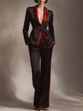 Black And Red Contrast Satin Tailored Pantsuit