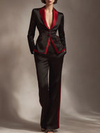 Black And Red Contrast Satin Tailored Pantsuit