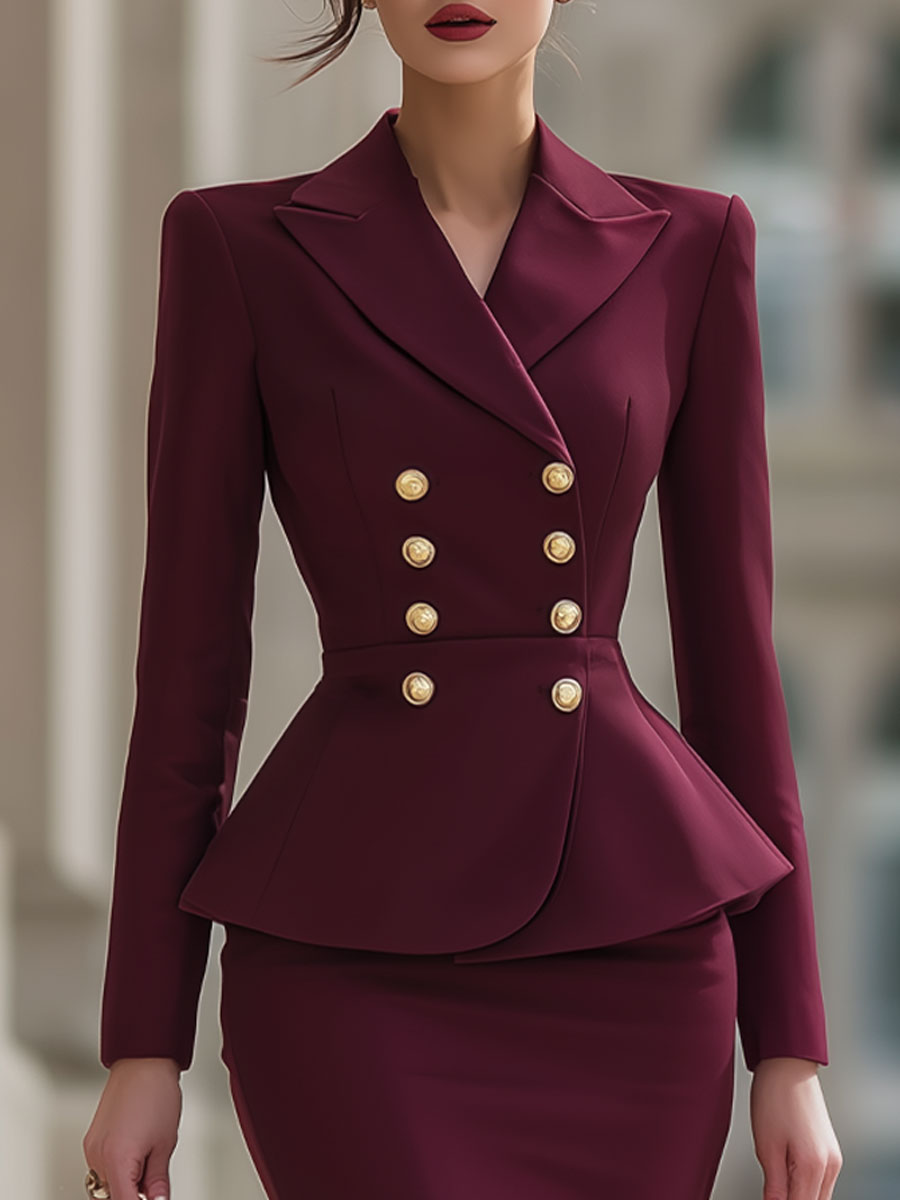 Burgundy Double-Breasted Peplum Blazer & Pencil Skirt Suit
