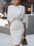 White Textured Knit Pencil Dress With Draped Waist