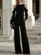 Cold-Shoulder Long Sleeve Wide-Leg Jumpsuit With Floral Waist Detail