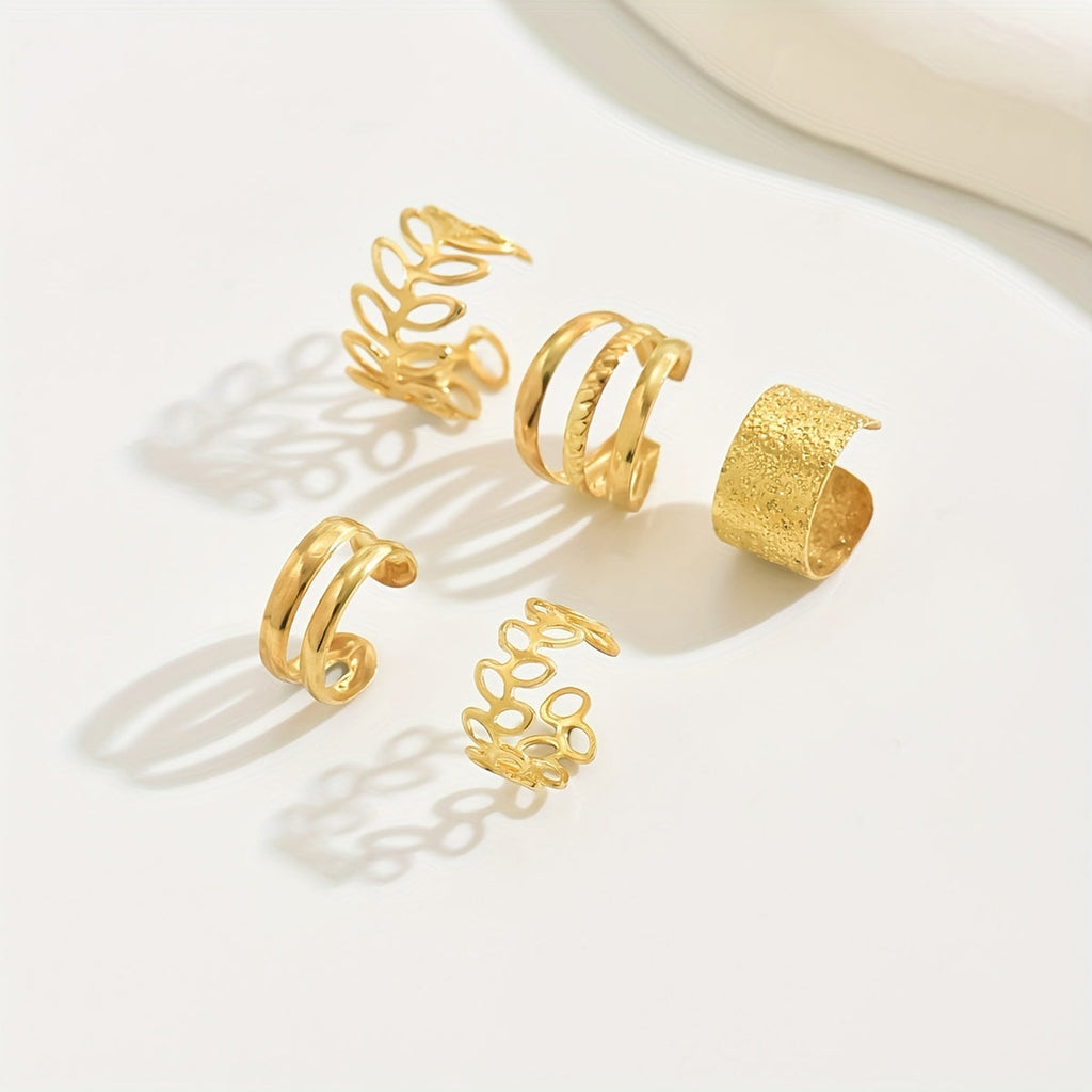 Solene | Trendy Gold Sleek 5-Piece Openwork Ear Cuffs Set