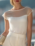 Sheer Yoke Cap-Sleeve Draped Blouse