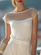 Sheer Yoke Cap-Sleeve Draped Blouse