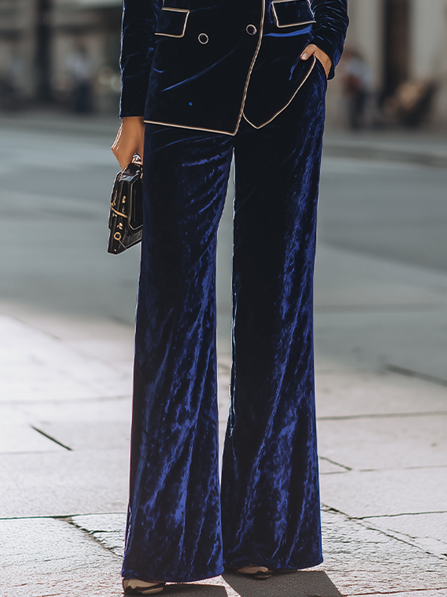 Double-Breasted Velvet Suit With Contrast Piping And Wide-Leg Pants