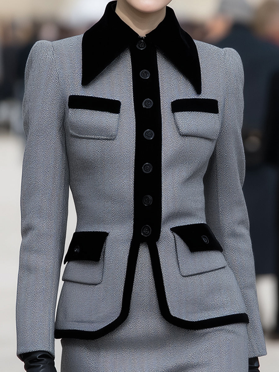 Elegant Herringbone Blazer & Pencil Skirt Set