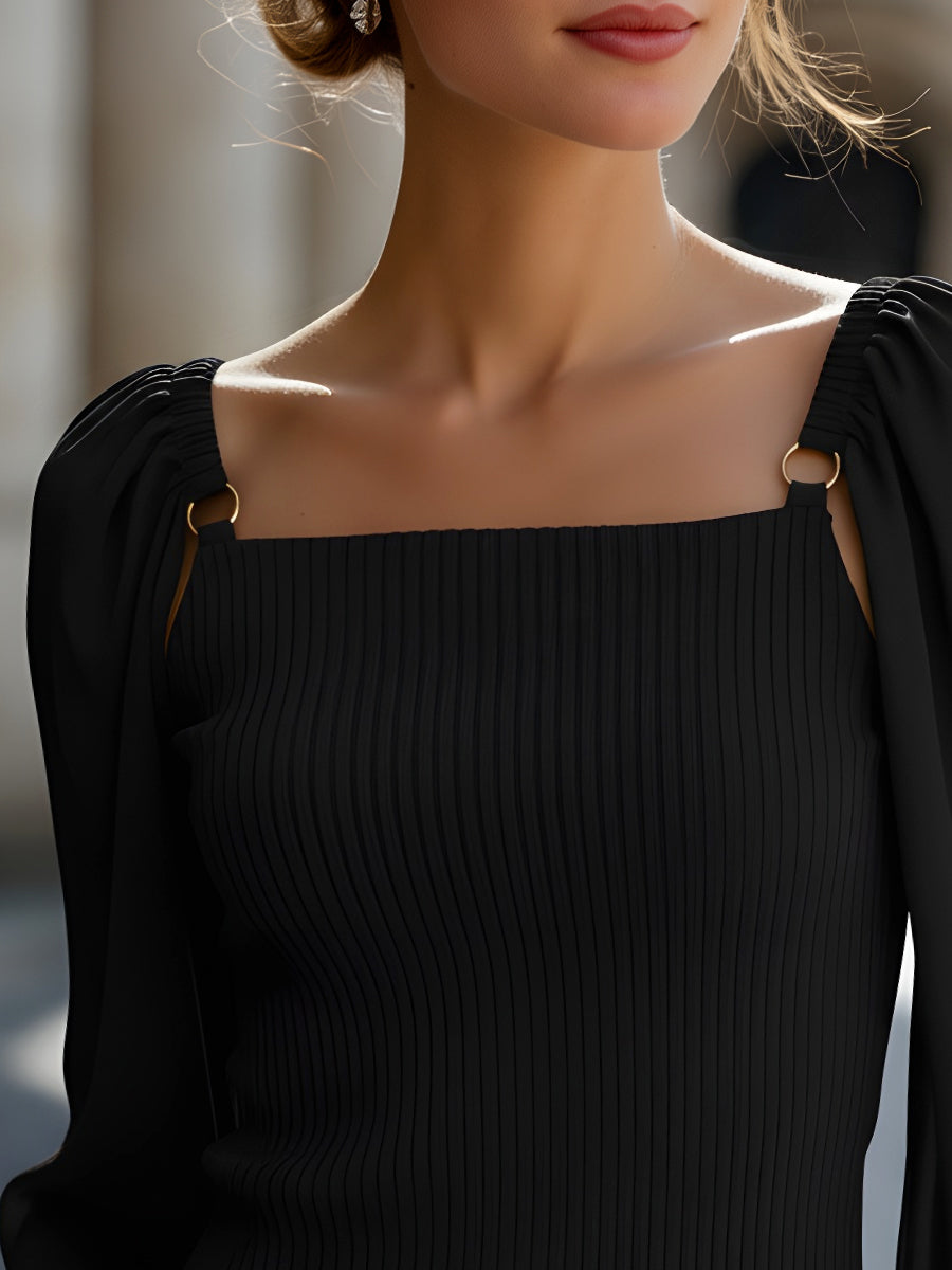 Ribbed Knit Top With Chiffon Balloon Sleeves