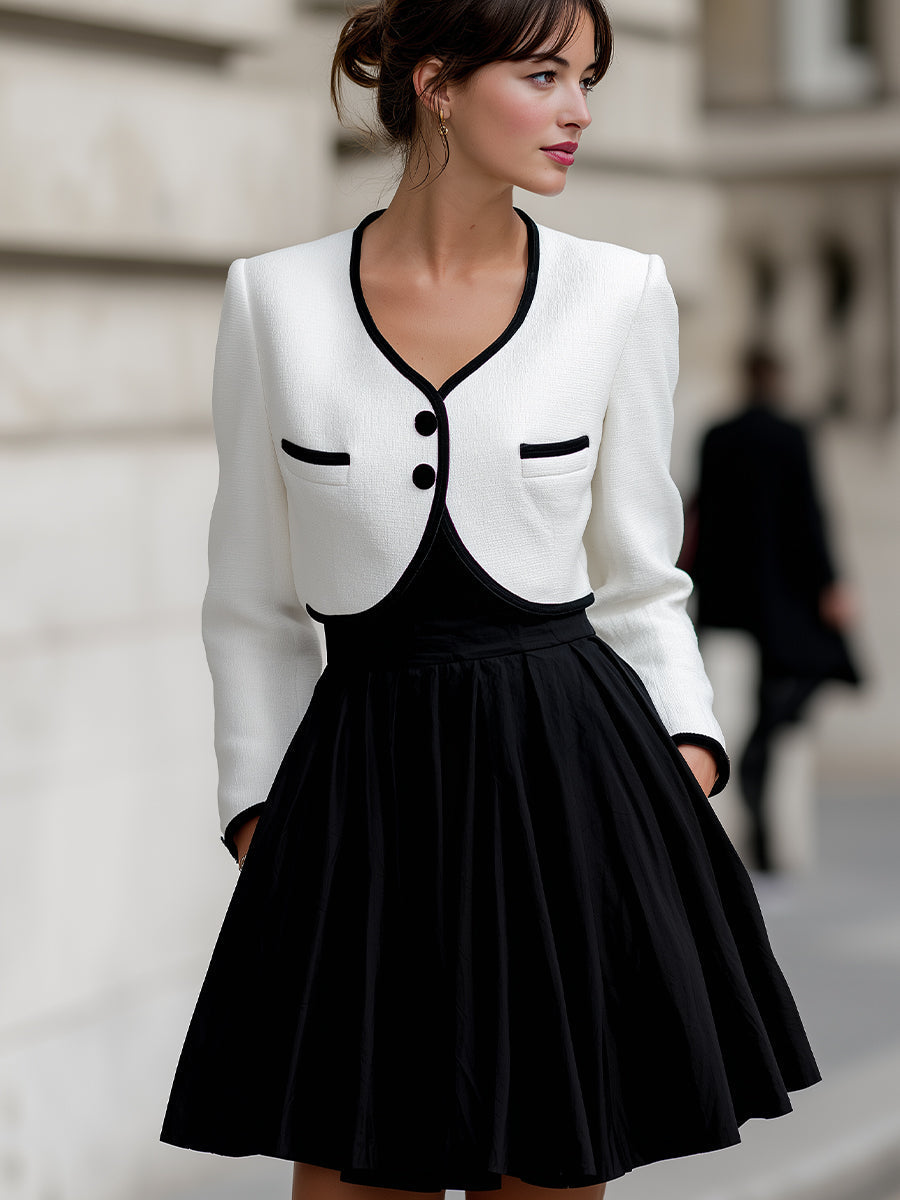 Elegant Contrast-Trim Cropped Jacket & Camisole Dress Set