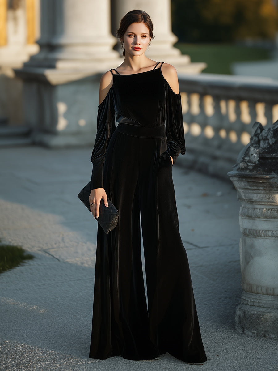 Cold-Shoulder Velvet Wide-Leg Jumpsuit