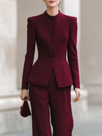 Burgundy Peplum Blazer And Wide-Leg Trouser Set
