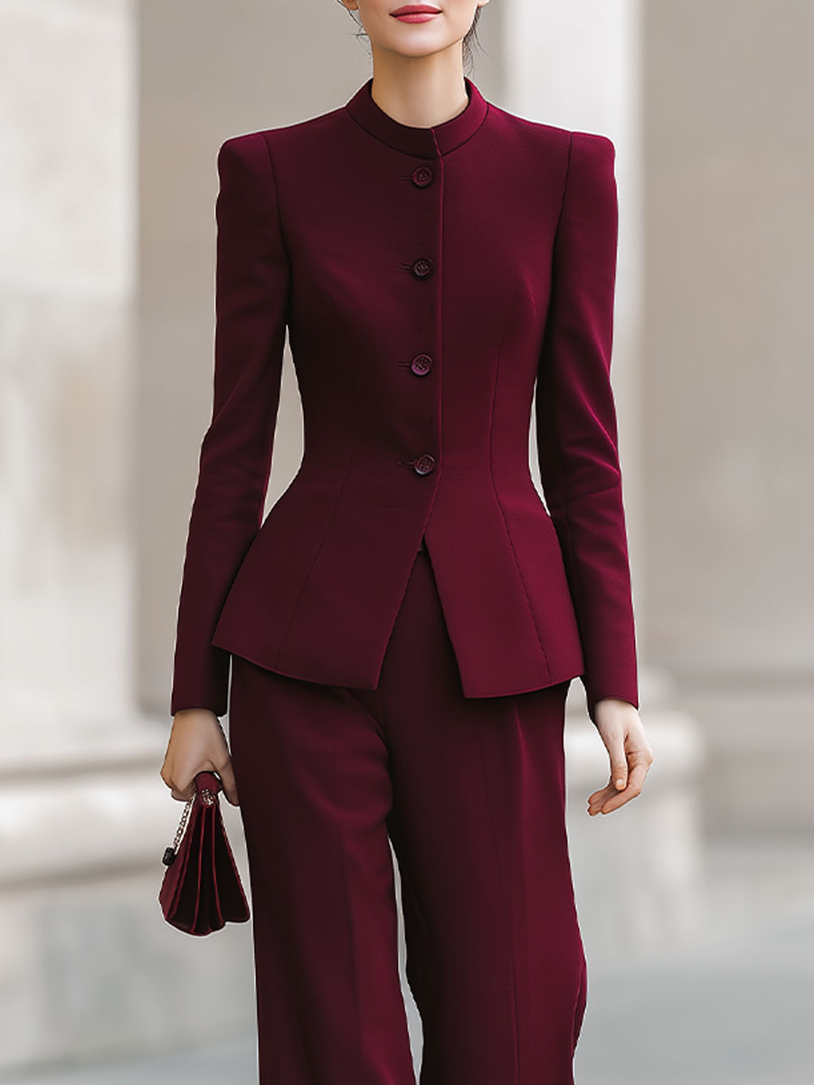 Burgundy Peplum Blazer And Wide-Leg Trouser Set