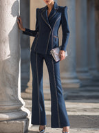 Tailored Contrast-Stitched Blazer And Flared Pants Set