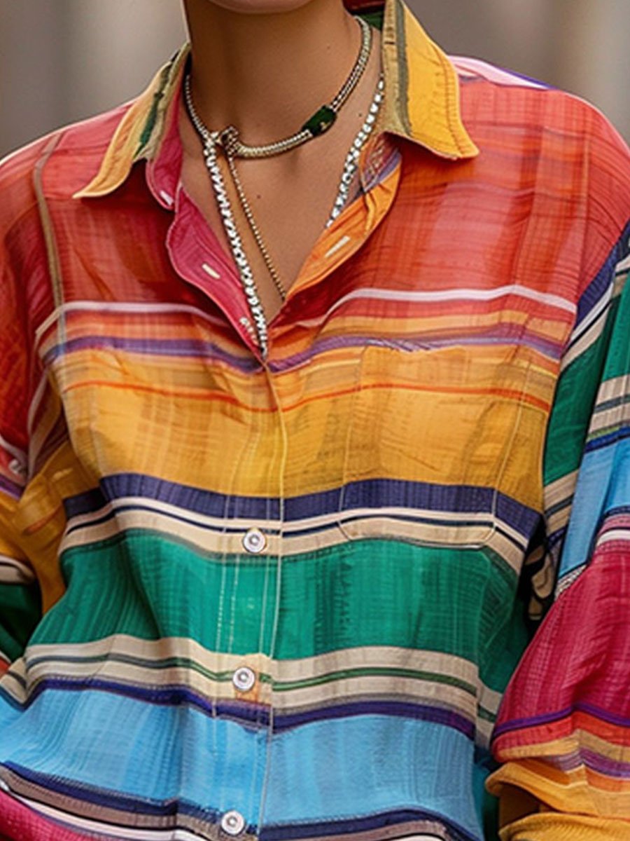 Chic Shirt Collar Rainbow Stripes Linen Blouse