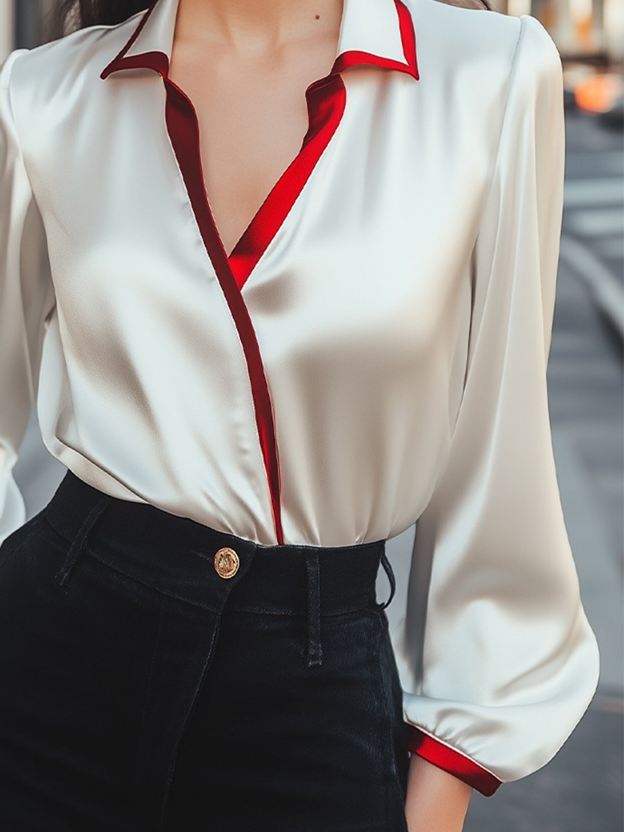 Contrast Collar Satin Blouse