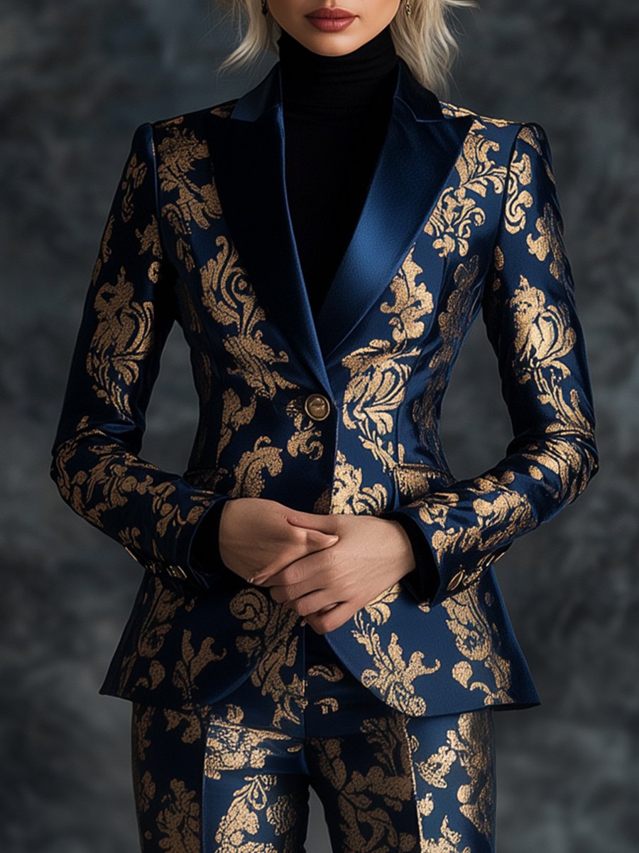 Opulent Royal Blue Satin Suit with Golden Ornate Motifs Printed