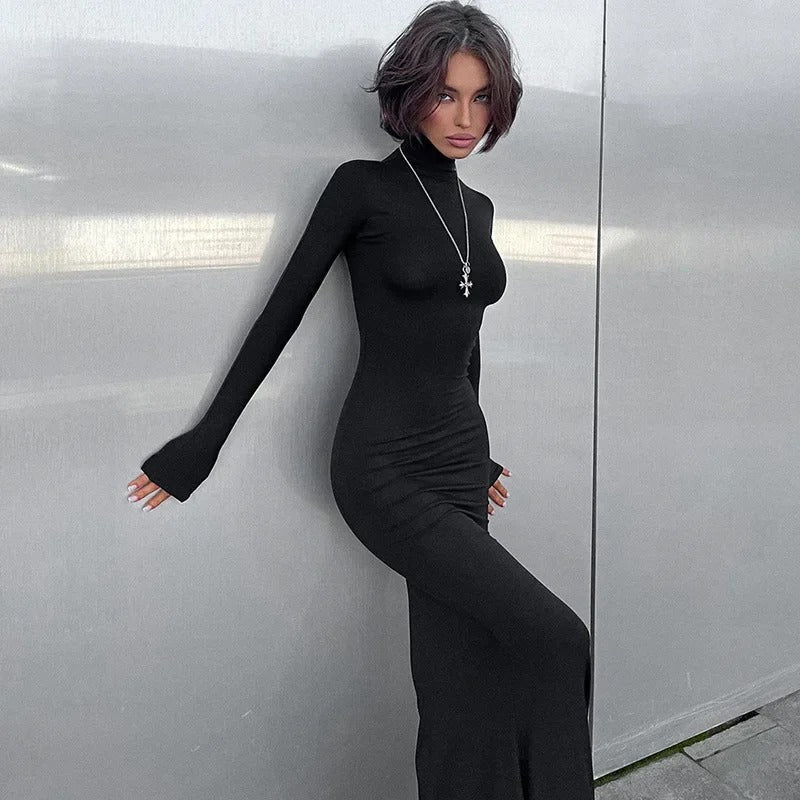 Formal Black Evening Long‑Sleeve Turtleneck Maxi Dress