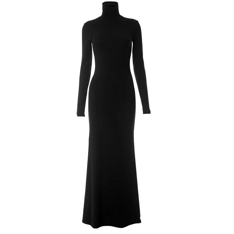 Formal Black Evening Long‑Sleeve Turtleneck Maxi Dress