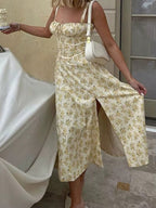 Yellow Floral Formal Summer Midi Dress