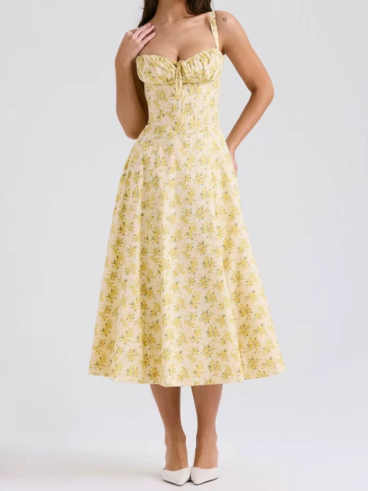 Yellow Floral Formal Summer Midi Dress