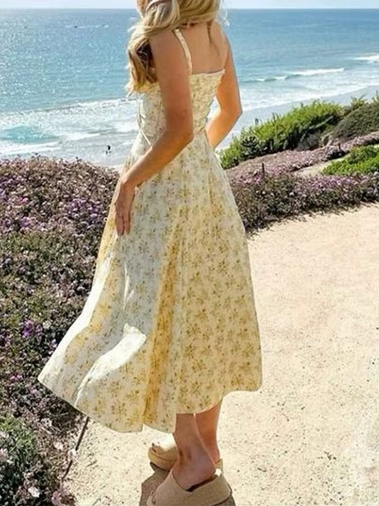 Yellow Floral Formal Summer Midi Dress