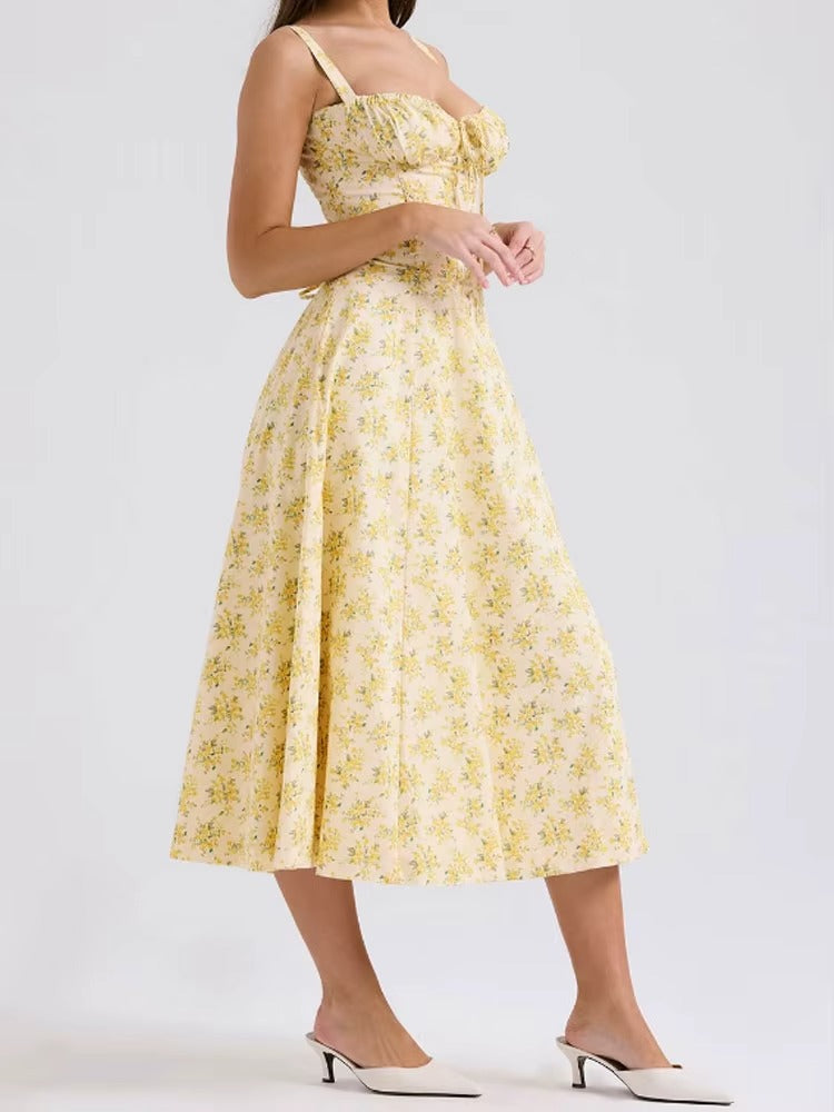 Yellow Floral Formal Summer Midi Dress