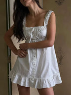 White Linen Summer Button Front Mini Dress