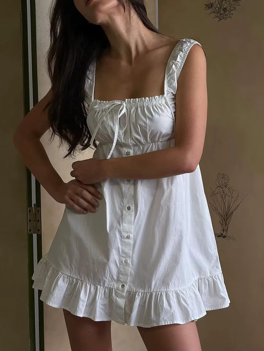 White Linen Summer Button Front Mini Dress