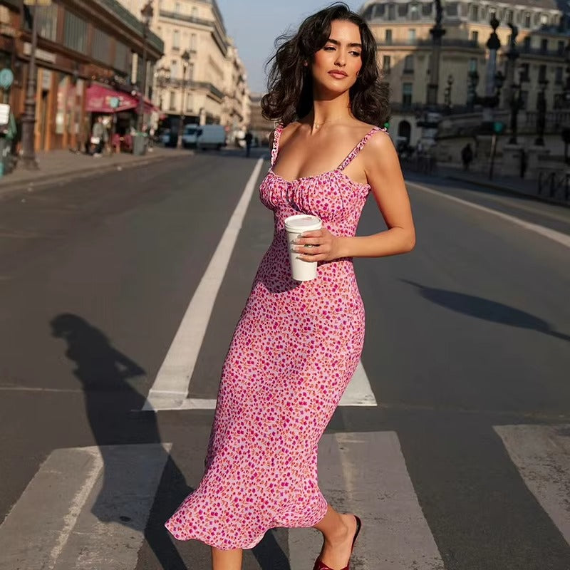 Summer Floral Printed Ruffle Strap Midi Dress