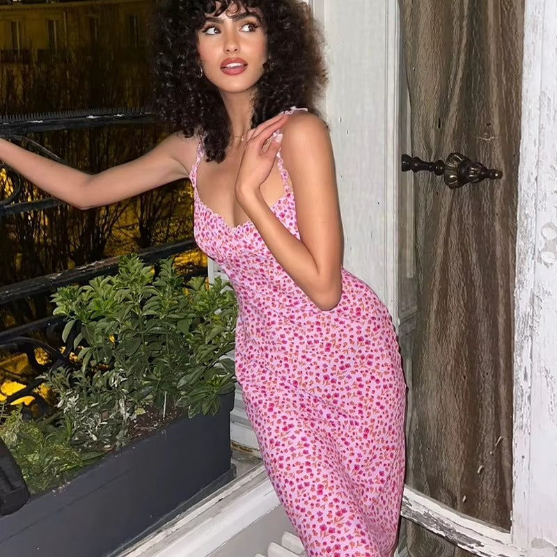 Summer Floral Printed Ruffle Strap Midi Dress