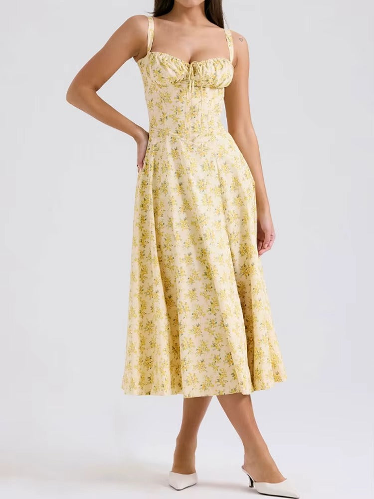 Yellow Floral Formal Summer Midi Dress
